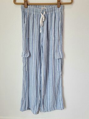 Roxy Linen Style Striped Pants XS Blue White Drawstring